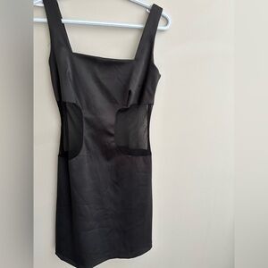 Vintage 90s Black Satin Mesh Cutout Square Neck Dress